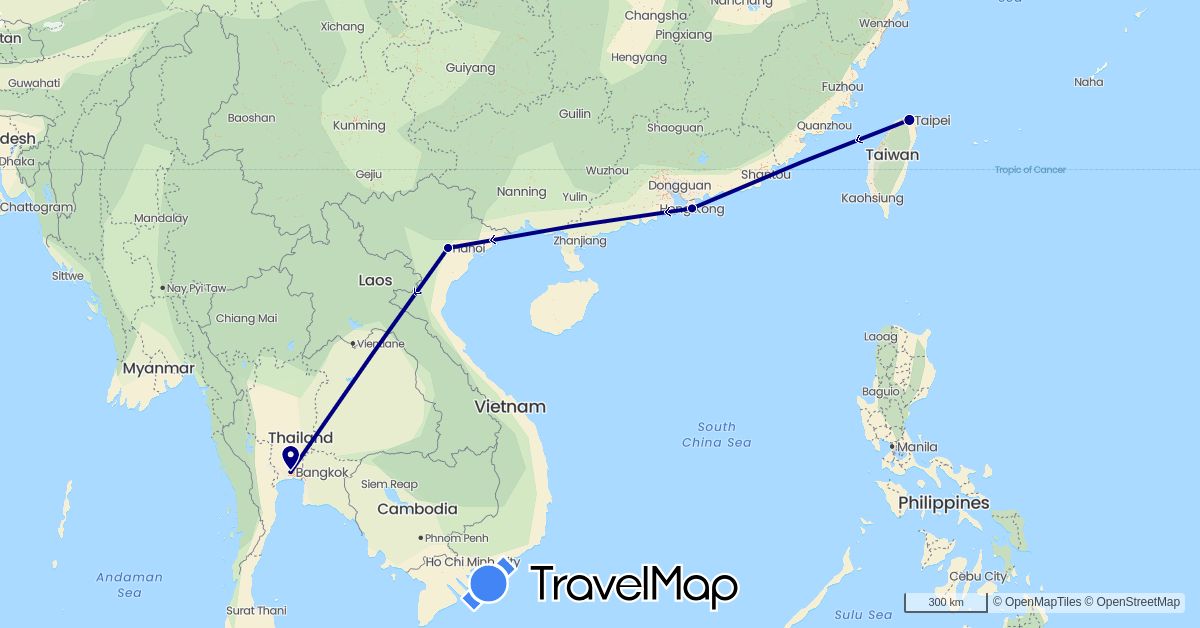 TravelMap itinerary: driving in China, Thailand, Taiwan, Vietnam (Asia)